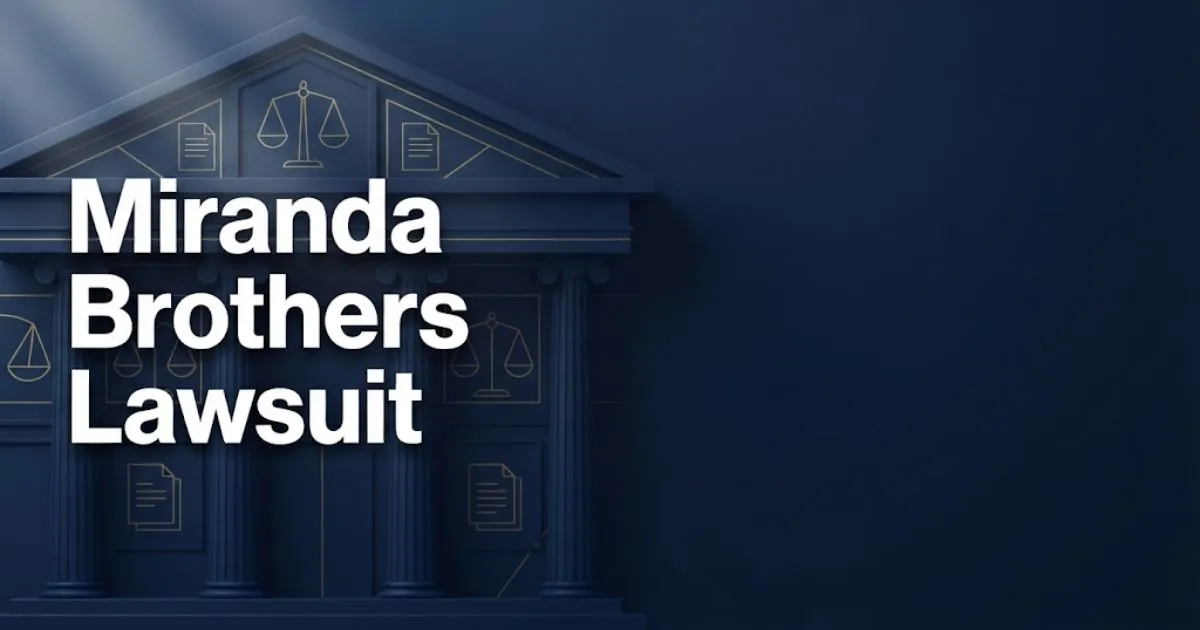 Miranda Brothers Lawsuit hero banner with navy blue courthouse background and gold legal scale accents