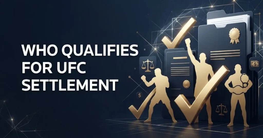 Modern graphic with text Who Qualifies for UFC Settlement displaying stylized check marks and athlete silhouettes.