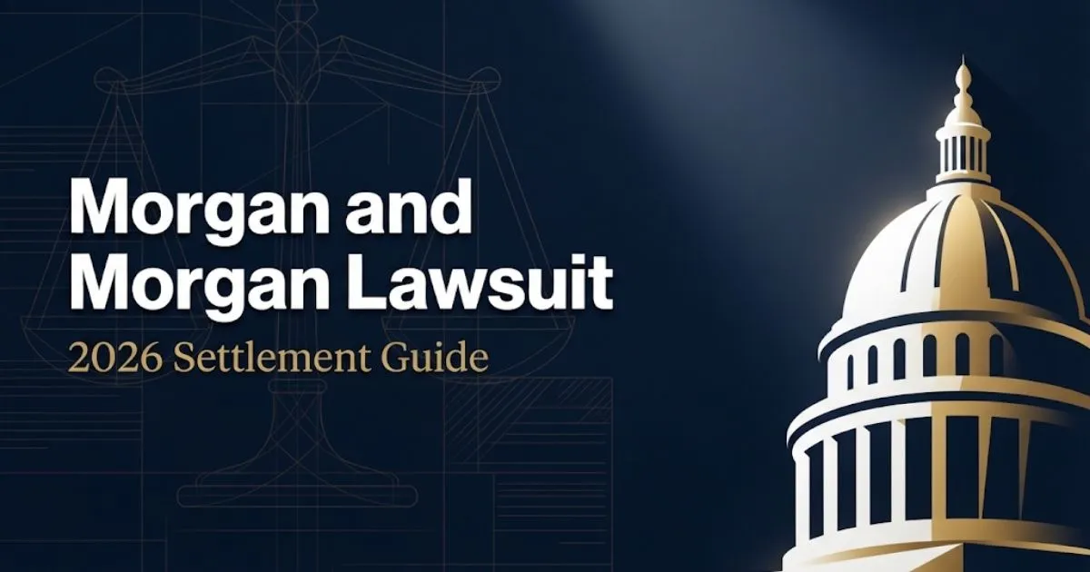 Morgan and Morgan lawsuit 2026 hero banner with courthouse silhouette and gold legal scales on navy background