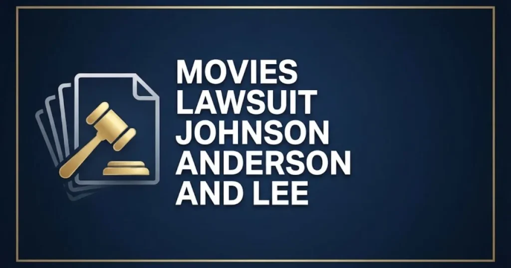 Movies lawsuit Johnson Anderson and Lee hero banner with gavel icon and legal documents on navy background