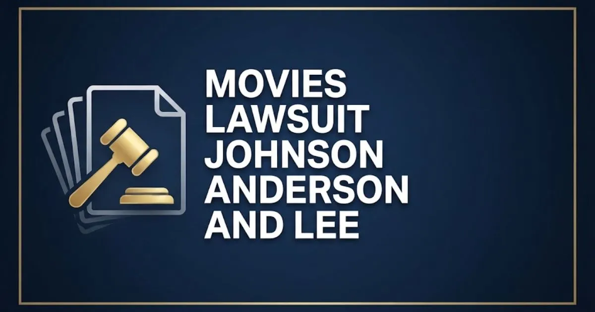 Movies lawsuit Johnson Anderson and Lee hero banner with gavel icon and legal documents on navy background