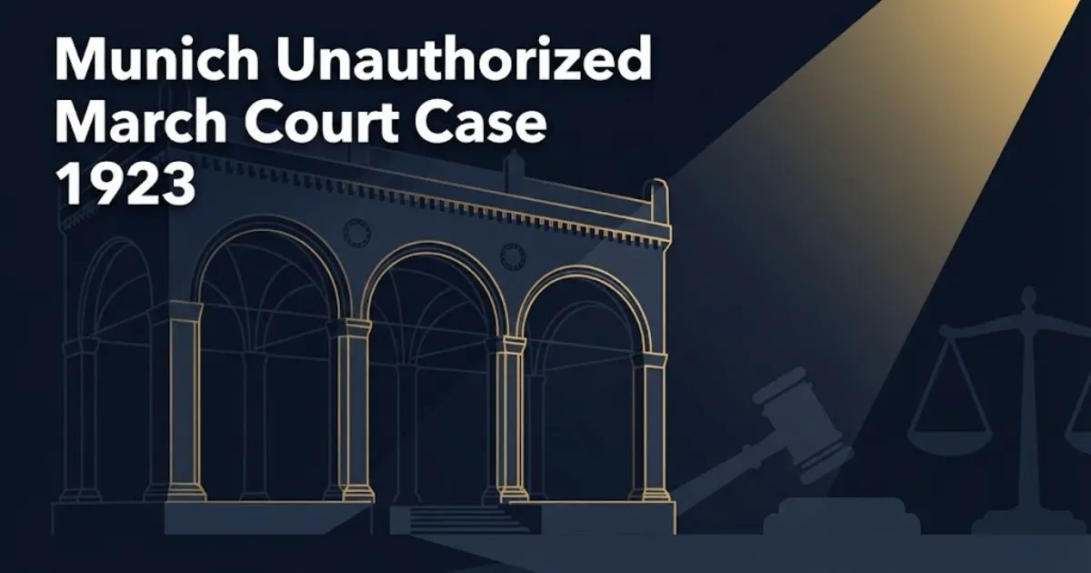 Munich unauthorized march court case 1923 hero banner with Feldherrnhalle illustration and legal symbols in navy and gold