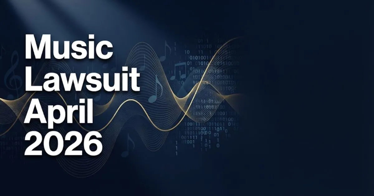 Music Lawsuit April 2026 hero banner with sound waves and digital code on navy background