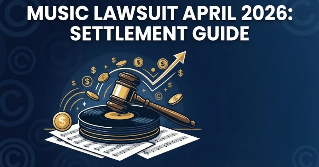 Music Lawsuit April 2026 settlement guide graphic with gavel on vinyl records and gold accents