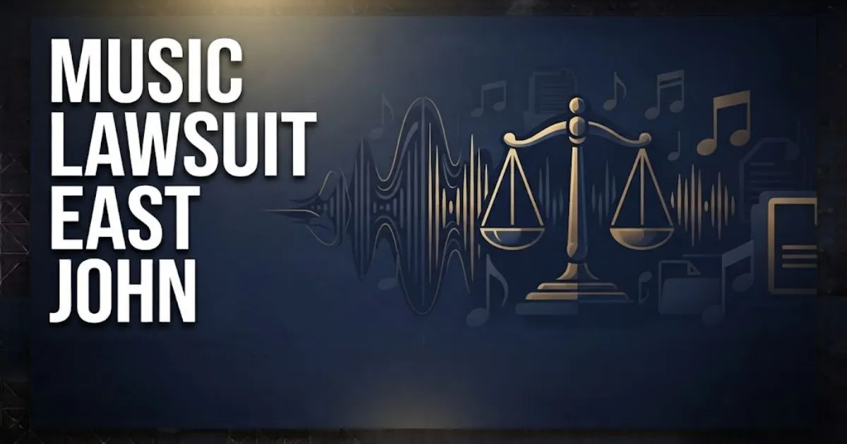 Music lawsuit East John hero banner with legal scales and sound waves in navy and gold