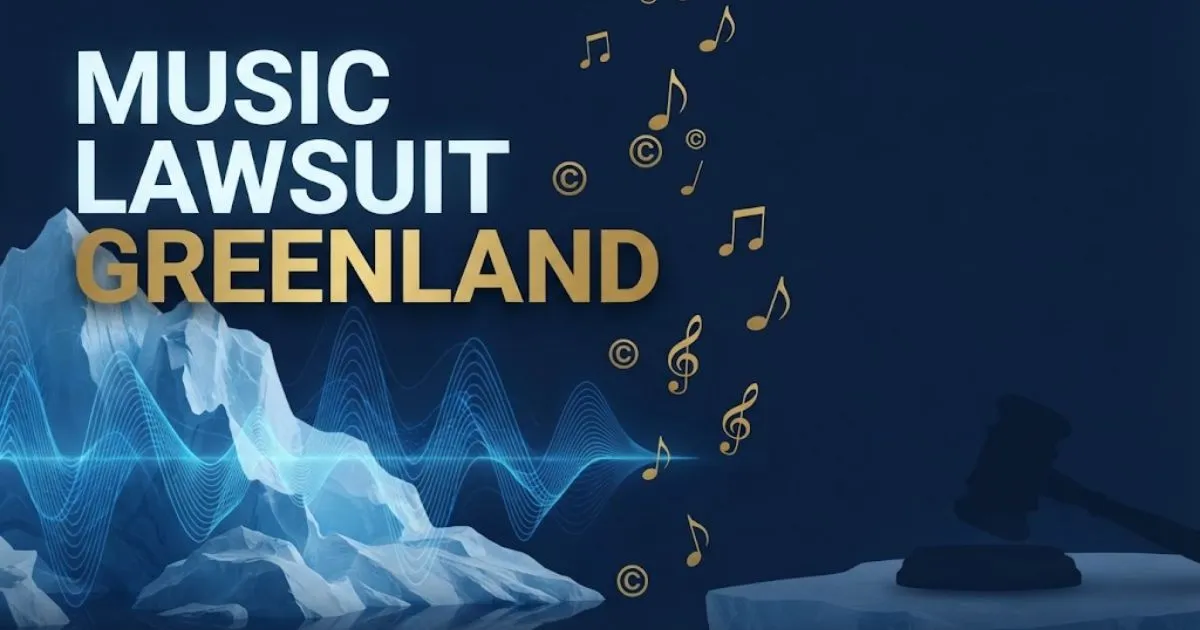 Music lawsuit Greenland hero banner with Arctic sound wave design and legal symbols in navy and gold
