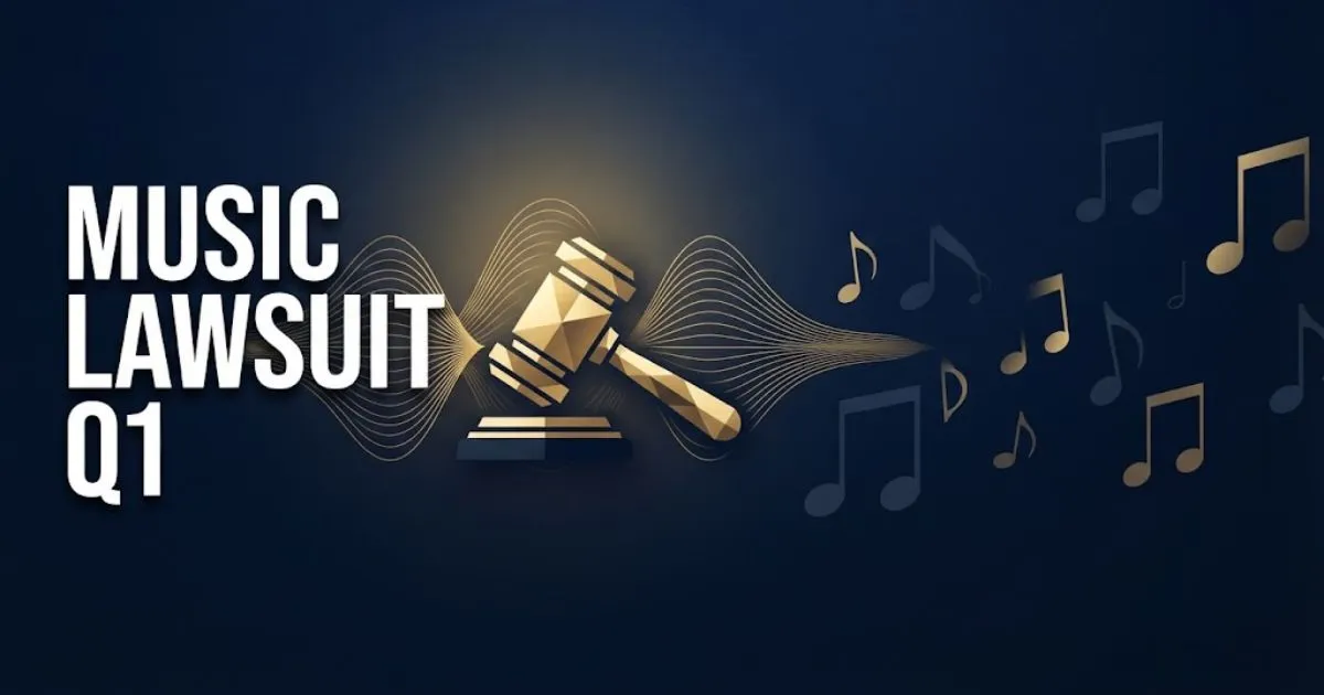 Music lawsuit Q1 hero banner with gold gavel icon and sound waves on navy background