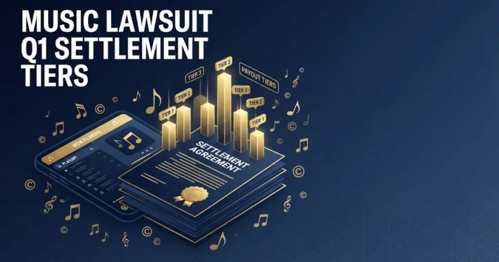 Music lawsuit Q1 settlement tiers graphic with legal documents and streaming icons on navy background