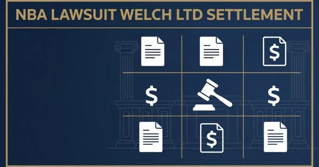 NBA Lawsuit Welch Ltd settlement graphic with document icons, gavel, and payout symbols
