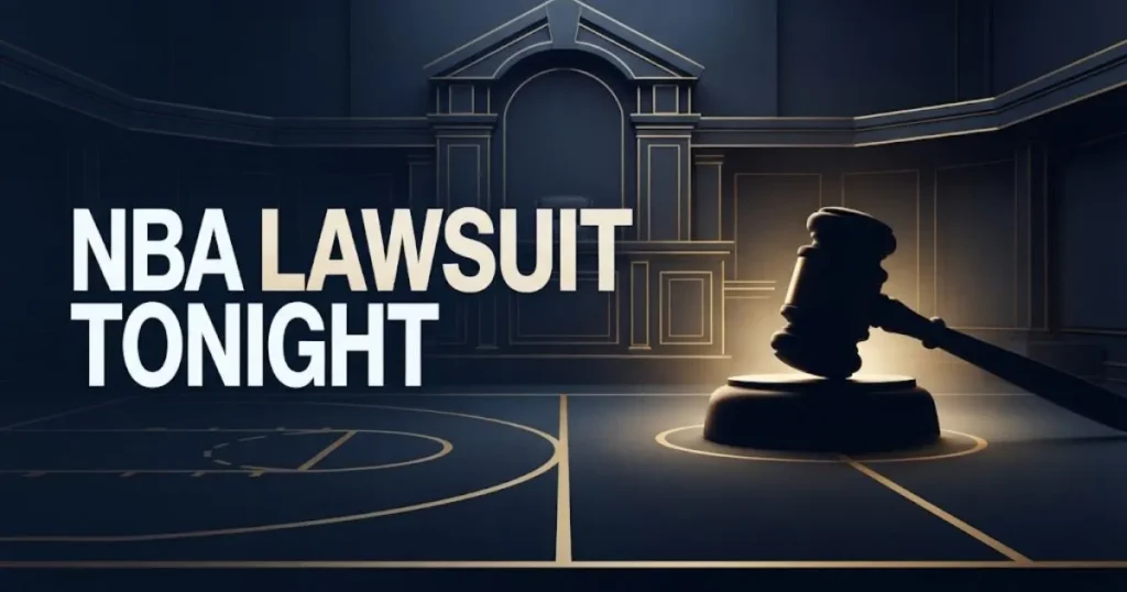 NBA lawsuit tonight hero banner with courtroom and basketball court design in navy and gold
