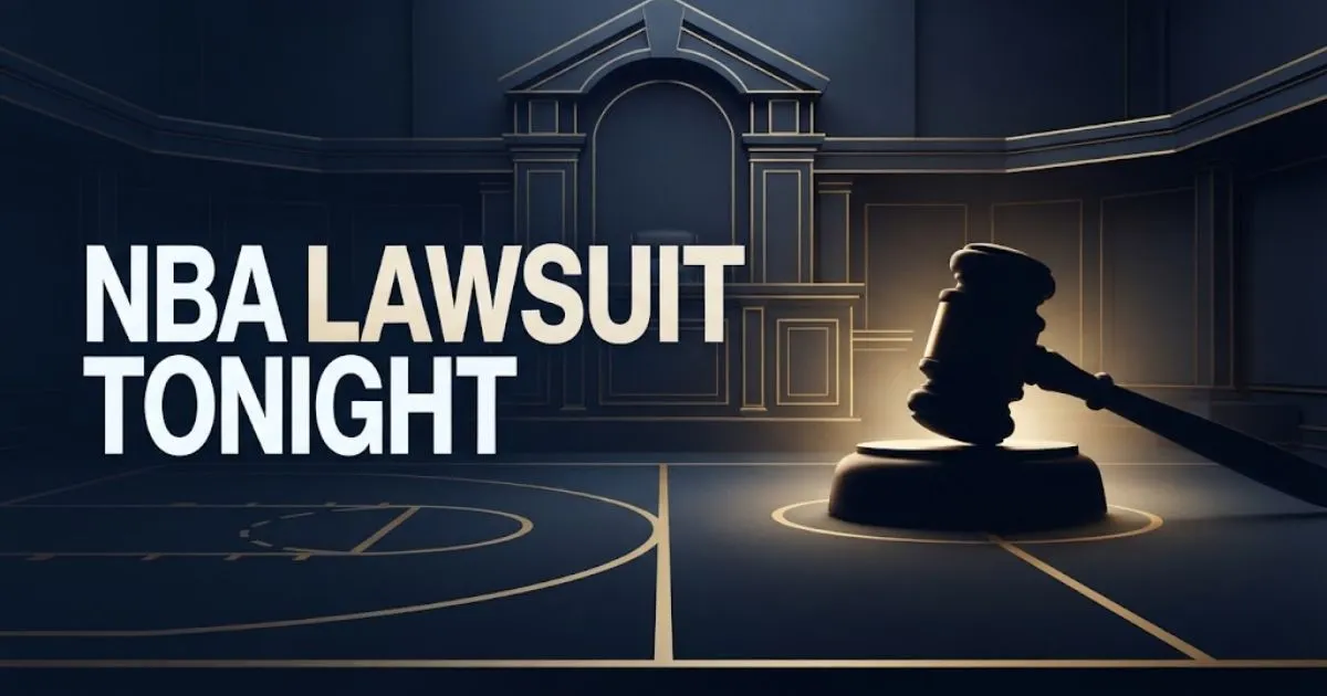 NBA lawsuit tonight hero banner with courtroom and basketball court design in navy and gold