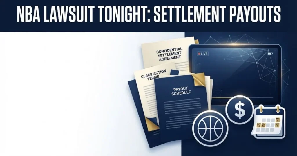 NBA lawsuit tonight settlement payouts graphic with legal documents and streaming icons in navy