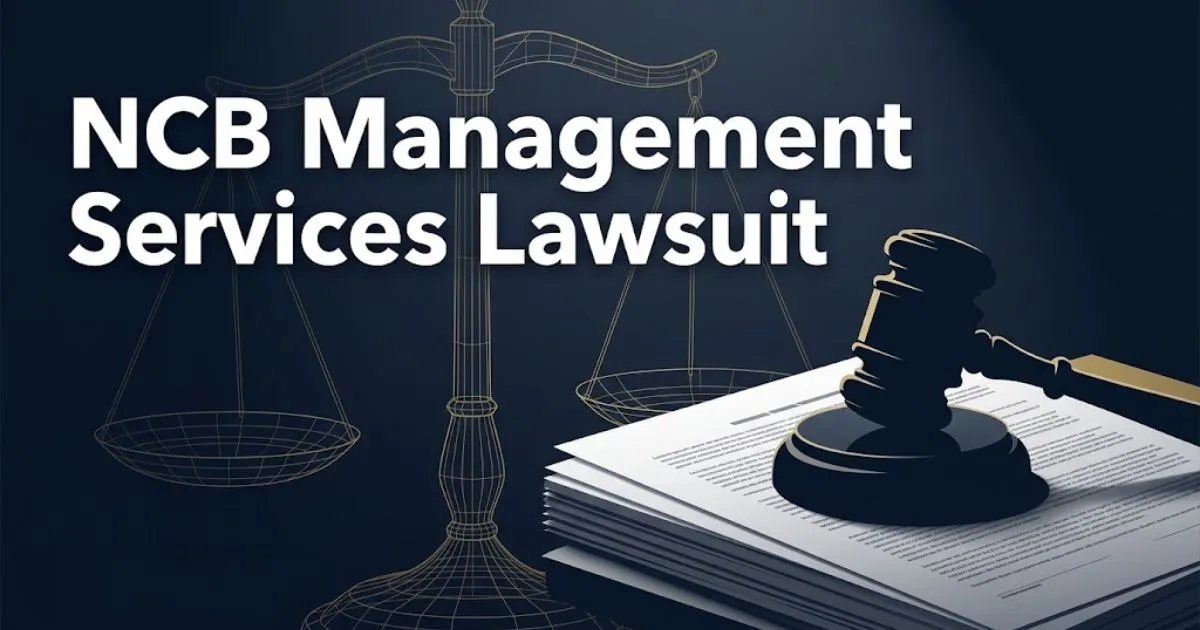 NCB Management Services Lawsuit hero banner with legal scales and gavel on navy background