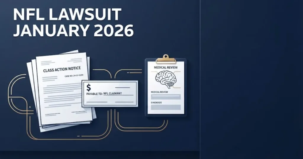NFL Lawsuit January 2026 supporting graphic with settlement documents and medical clipboard on navy background