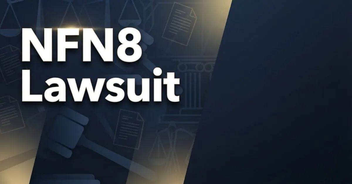 NFN8 Lawsuit hero banner with courtroom silhouettes and bold gold typography on navy background
