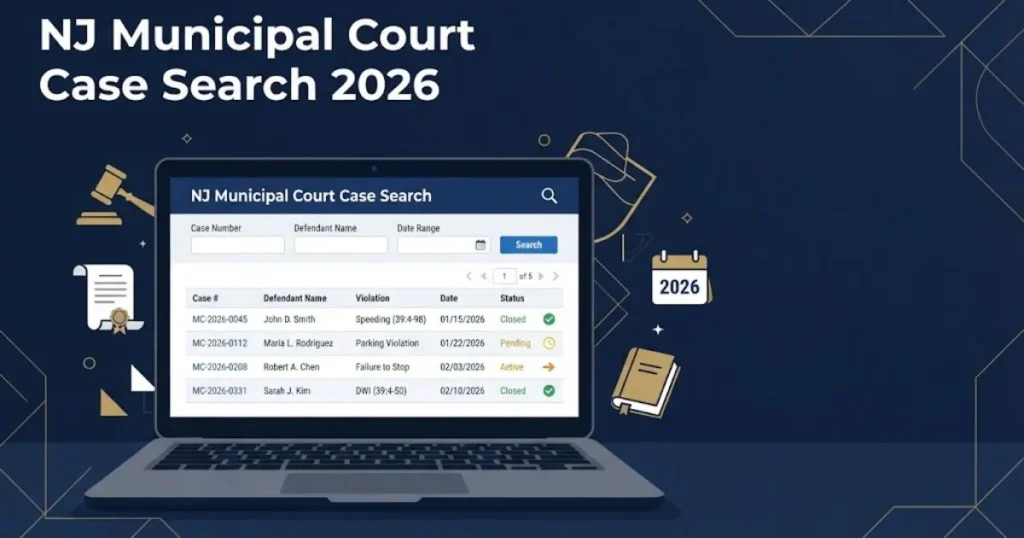 NJ Municipal Court Case Search 2026 digital interface illustration with court records on screen