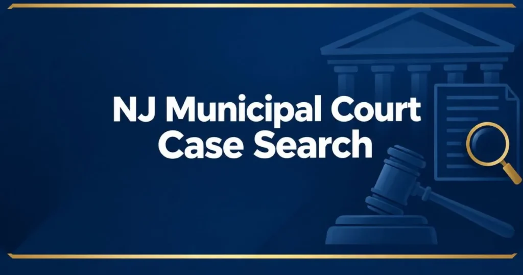 NJ Municipal Court Case Search hero banner with gavel and courthouse icons on navy background