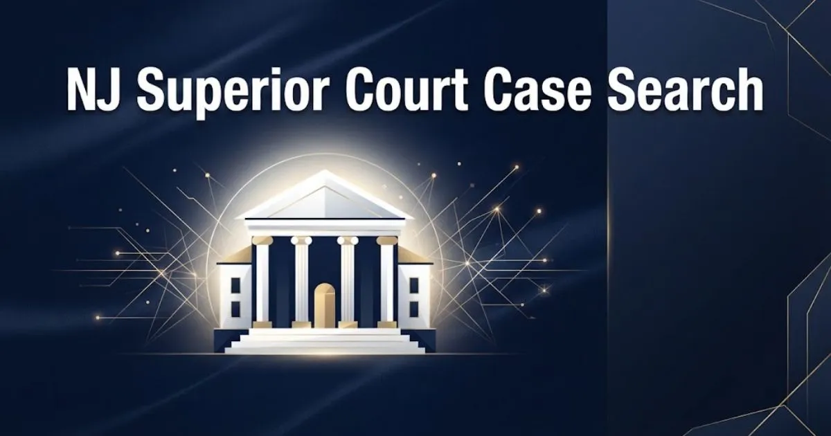 NJ Superior Court Case Search hero banner with stylized courthouse graphic in navy and gold