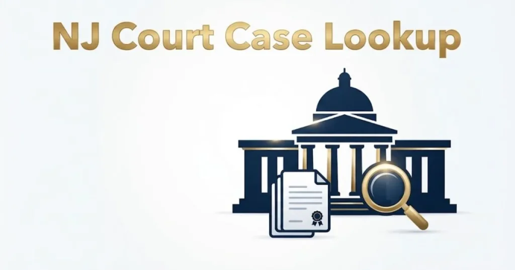 NJ court case lookup banner with courthouse silhouette, magnifying glass icon, and gold title text on navy background