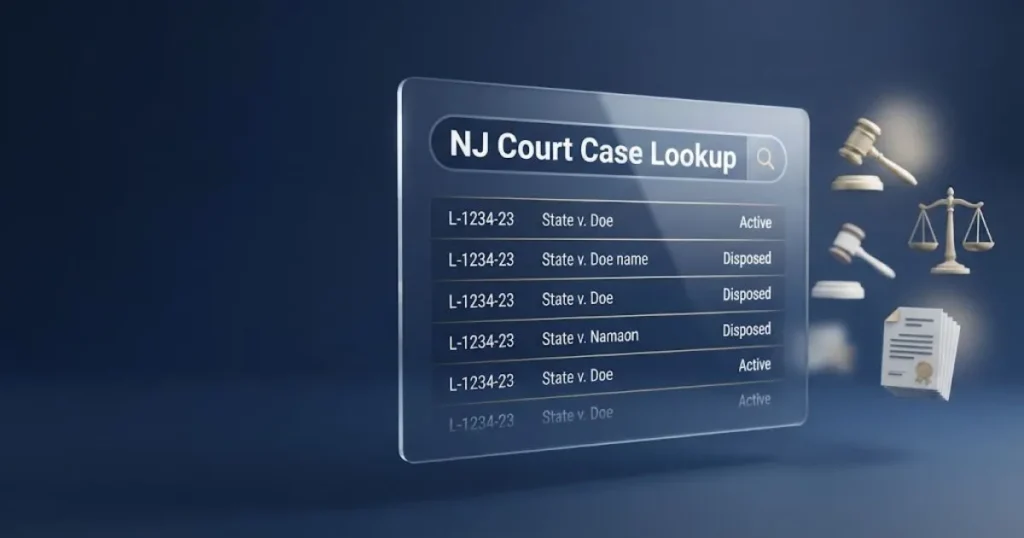 NJ court case lookup search interface graphic with docket results, gavel icon, and gold accents on navy background