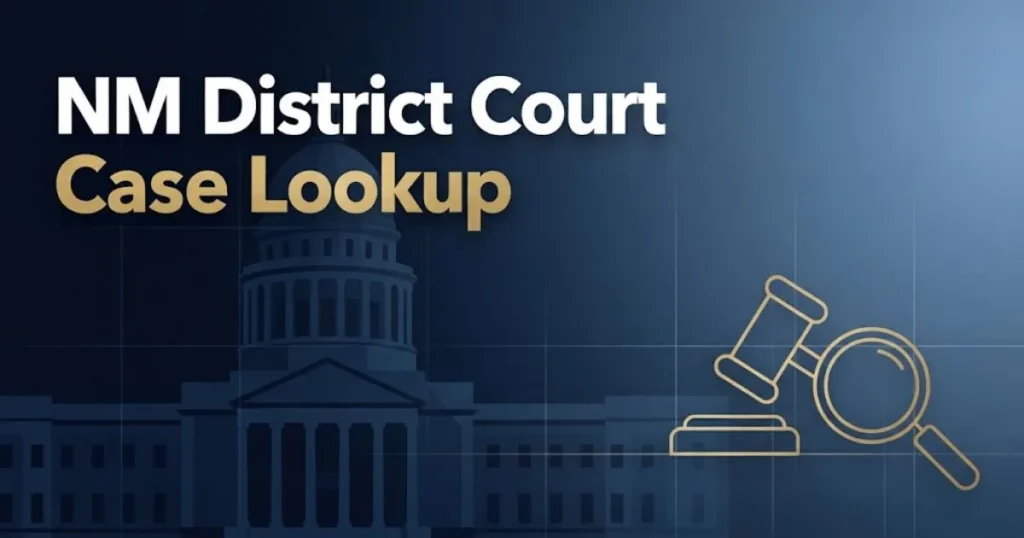 NM District Court Case Lookup hero banner with navy blue capitol silhouette and gold gavel icon