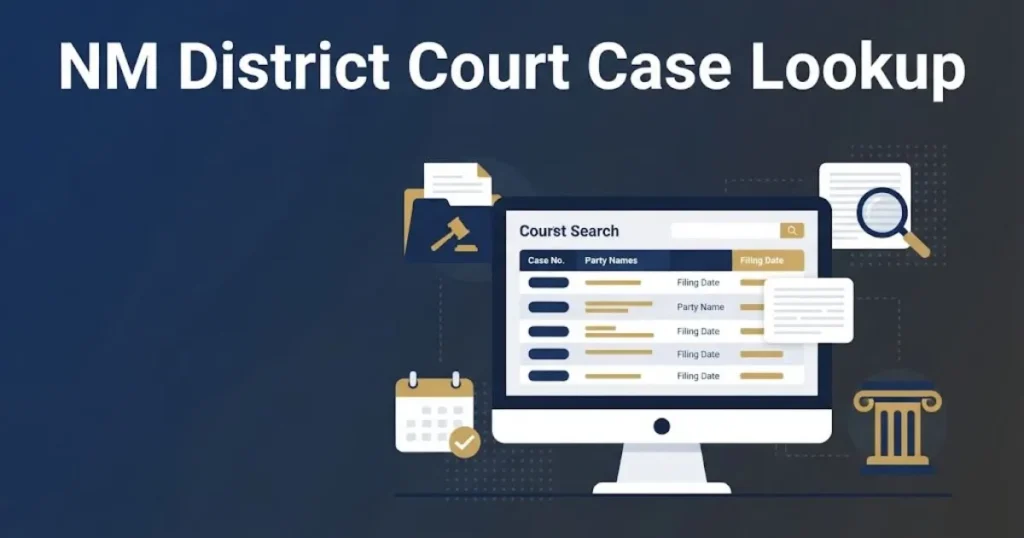 NM District Court Case Lookup supporting graphic showing digital docket search interface and records icons