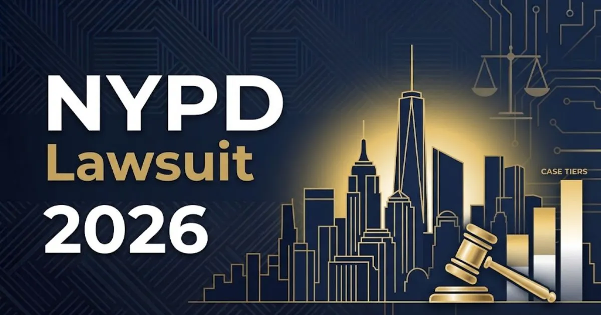 NYPD Lawsuit 2026 hero banner with New York City skyline silhouette and legal scales of justice in navy and gold