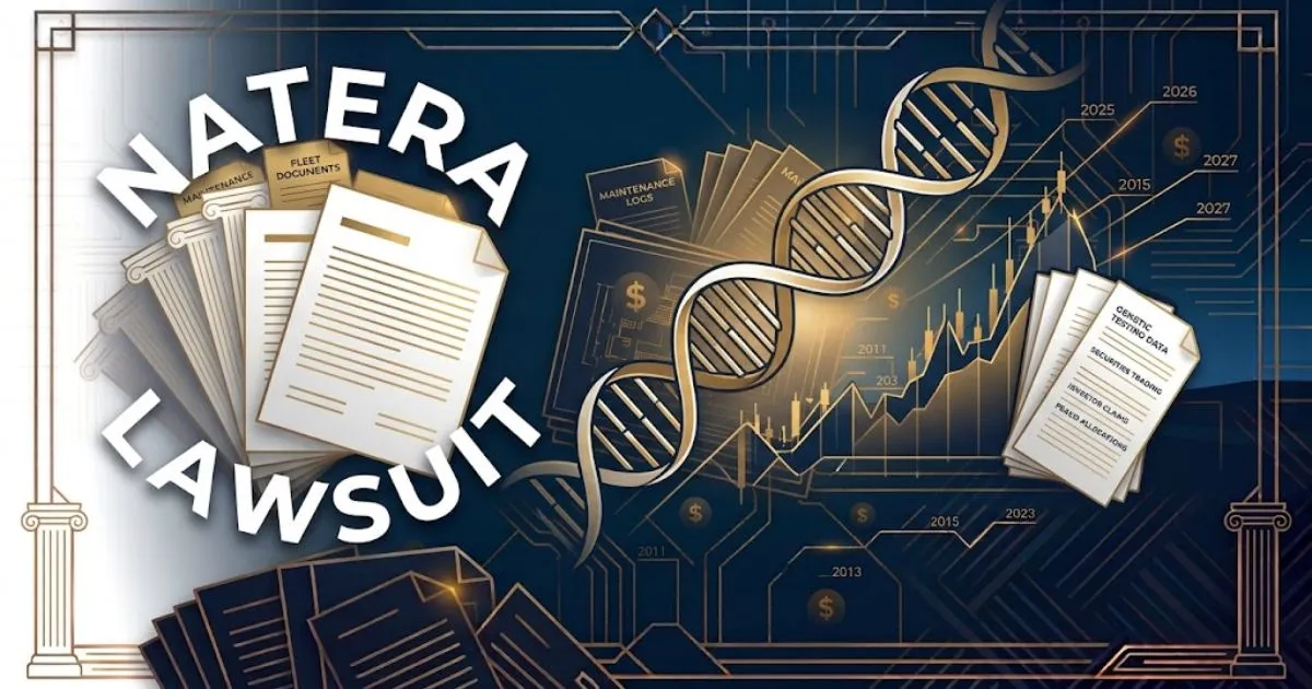 Natera lawsuit hero banner with stock chart and DNA helix graphics on navy background