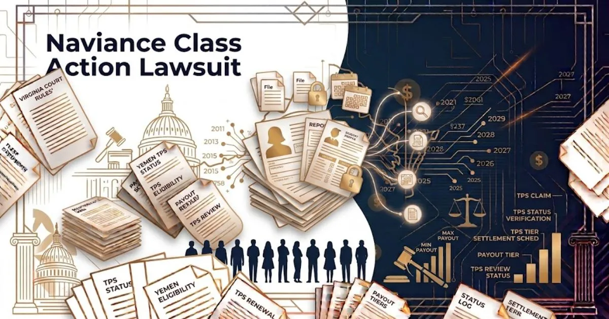 Naviance class action lawsuit hero banner with digital data breach imagery and legal symbols on navy background