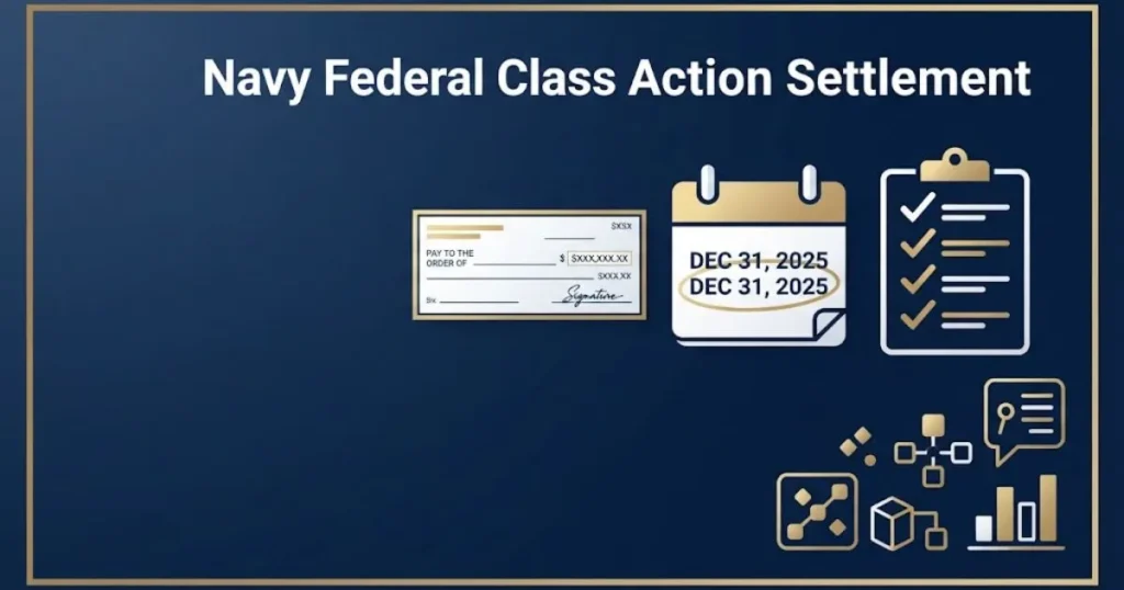 Navy Federal class action settlement graphic showing check, calendar deadline, and eligibility checklist in navy and gold
