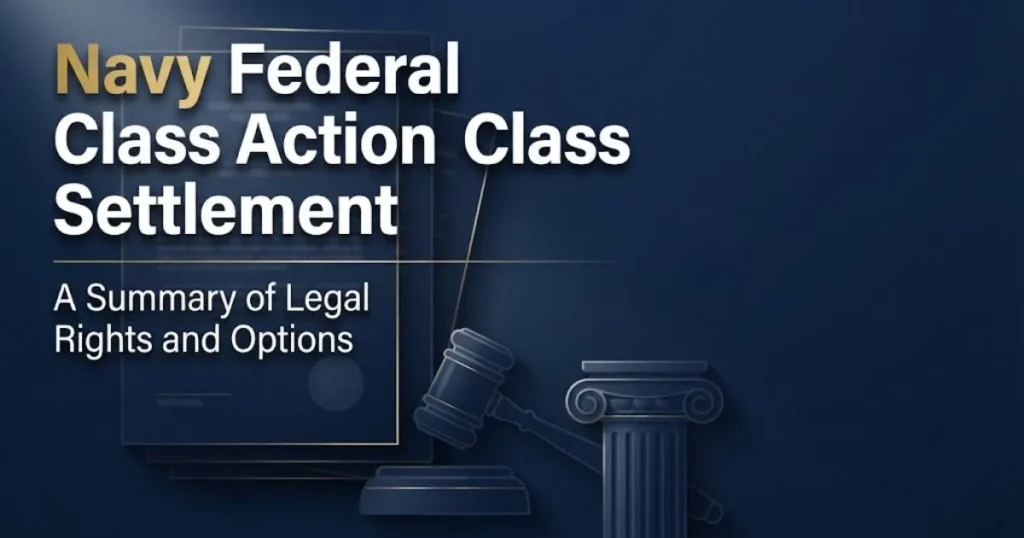 Navy Federal class action settlement hero banner with legal documents and gavel silhouette in navy and gold