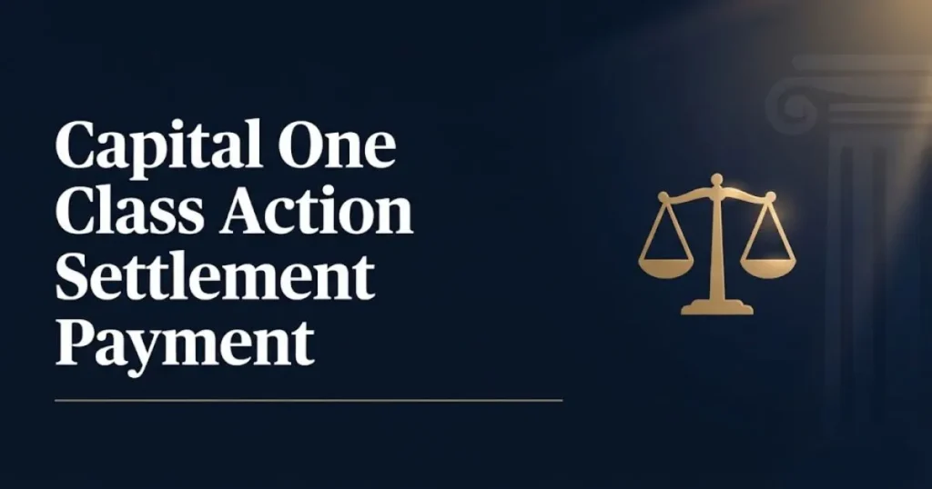 Navy and gold banner reading Capital One Class Action Settlement Payment with scales of justice icon