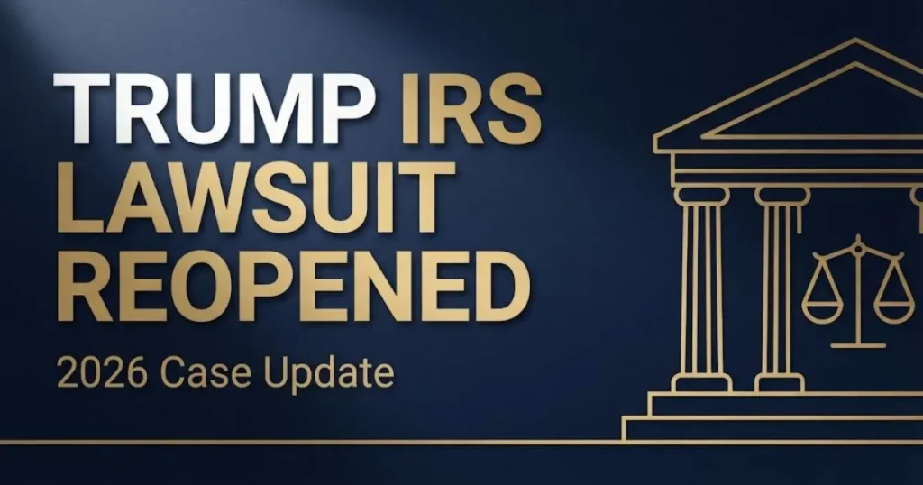 Navy and gold banner reading Trump IRS lawsuit reopened 2026 with courthouse silhouette icon
