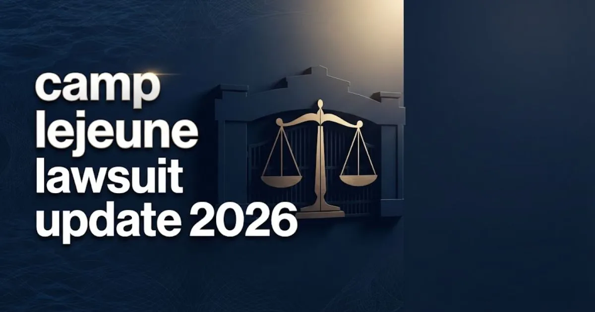Navy and gold banner reading camp lejeune lawsuit update 2026 with military base silhouette and legal scales