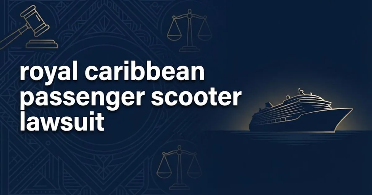 Navy blue hero banner with royal caribbean passenger scooter lawsuit headline and cruise ship silhouette in gold accents