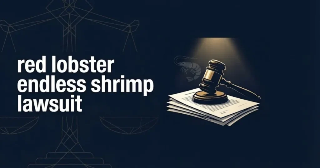 Navy blue legal banner with bold text reading red lobster endless shrimp lawsuit and a gavel silhouette on gold background.