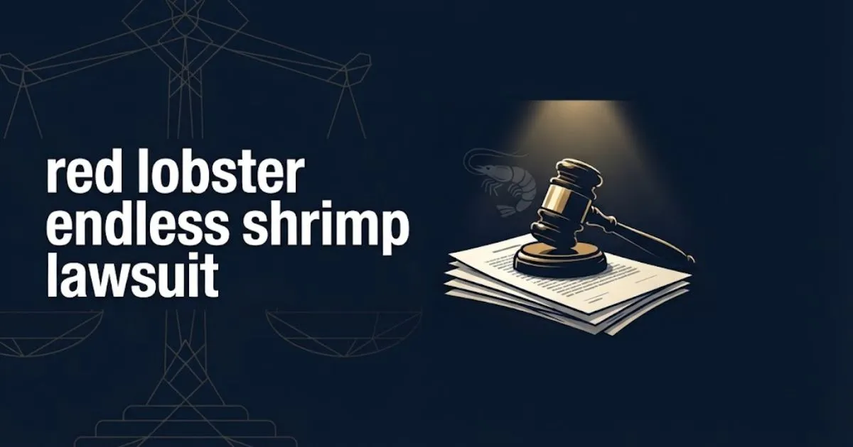Navy blue legal banner with bold text reading red lobster endless shrimp lawsuit and a gavel silhouette on gold background.