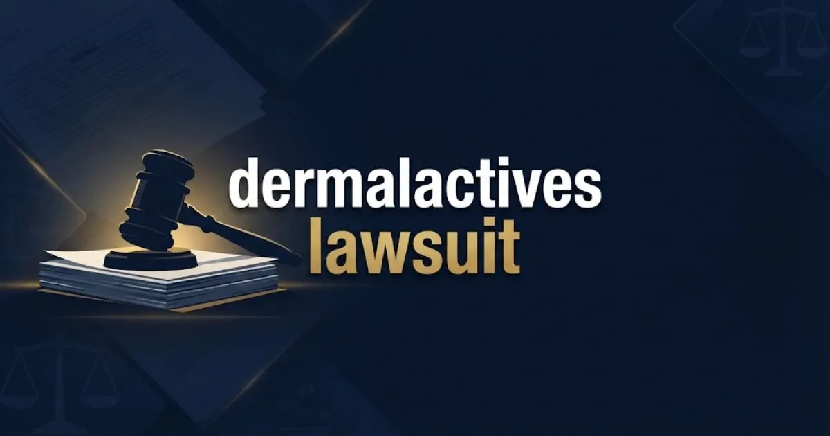 Navy blue legal banner with gold text reading dermalactives lawsuit and gavel silhouette on document stack
