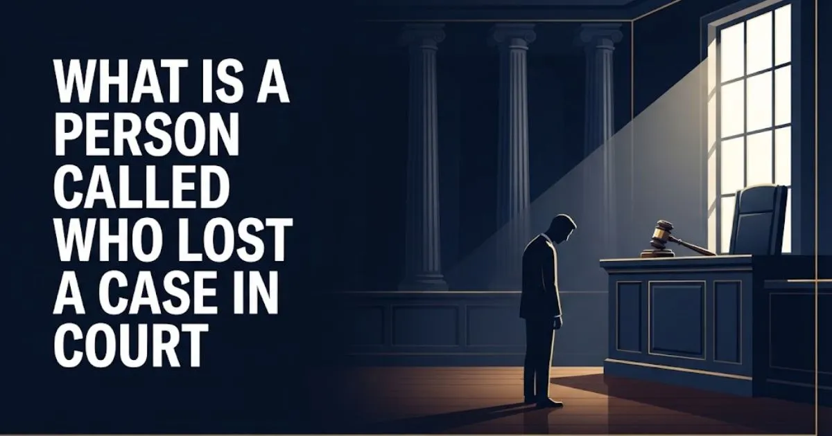 Navy courtroom banner with headline text what is a person called who lost a case in court and gavel icon.