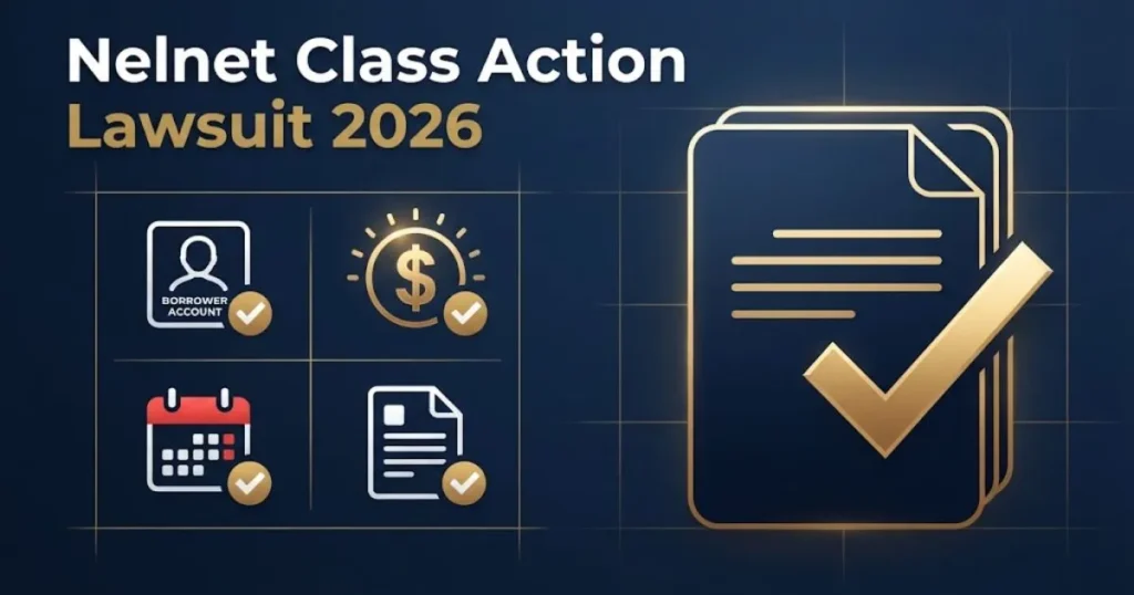 Nelnet class action lawsuit 2026 eligibility and settlement graphic with borrower icons on navy background