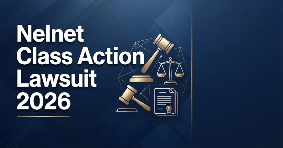 Nelnet class action lawsuit 2026 hero banner with legal icons and gold typography on navy background