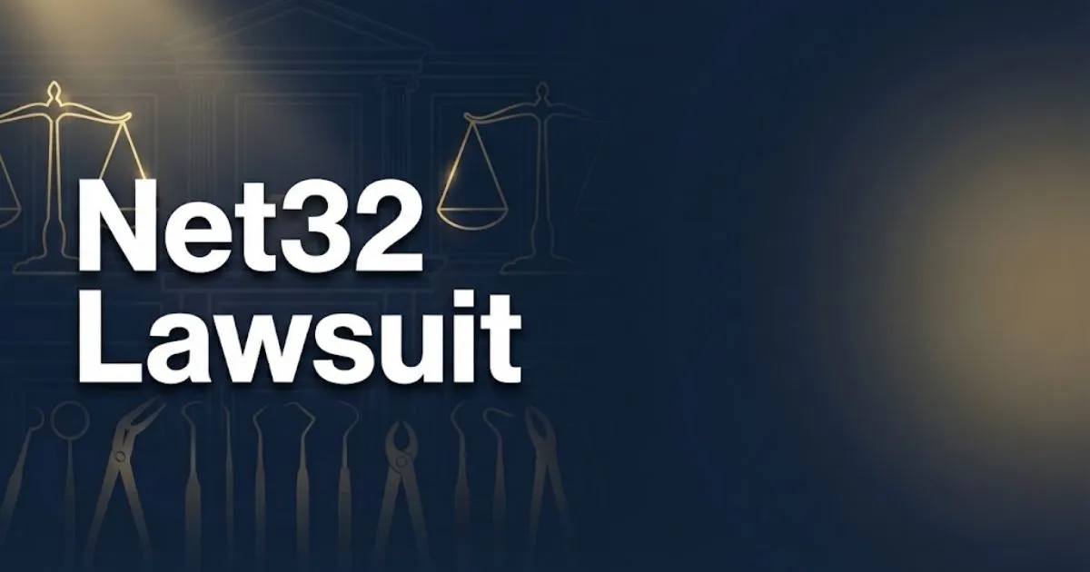 Net32 lawsuit hero banner with golden scales of justice and dental supply silhouettes on navy background