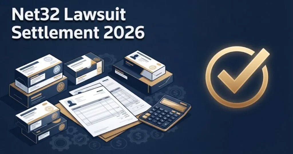 Net32 lawsuit settlement 2026 graphic showing dental supply documents and compensation approval on navy desk