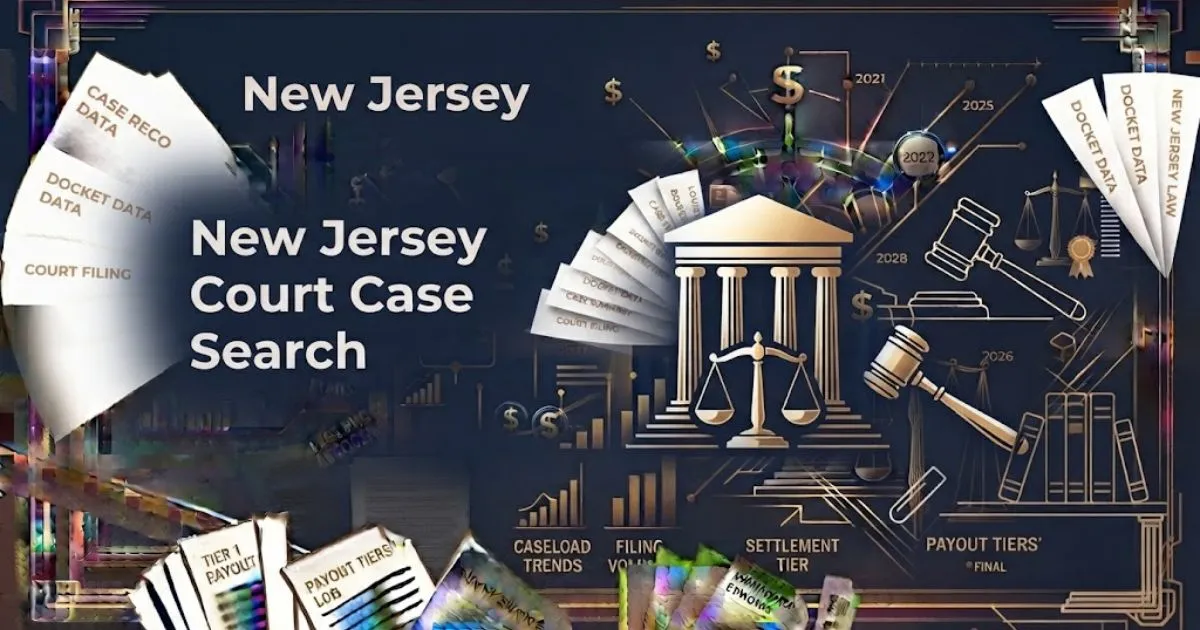 New Jersey court case search hero banner with legal symbols in navy and gold