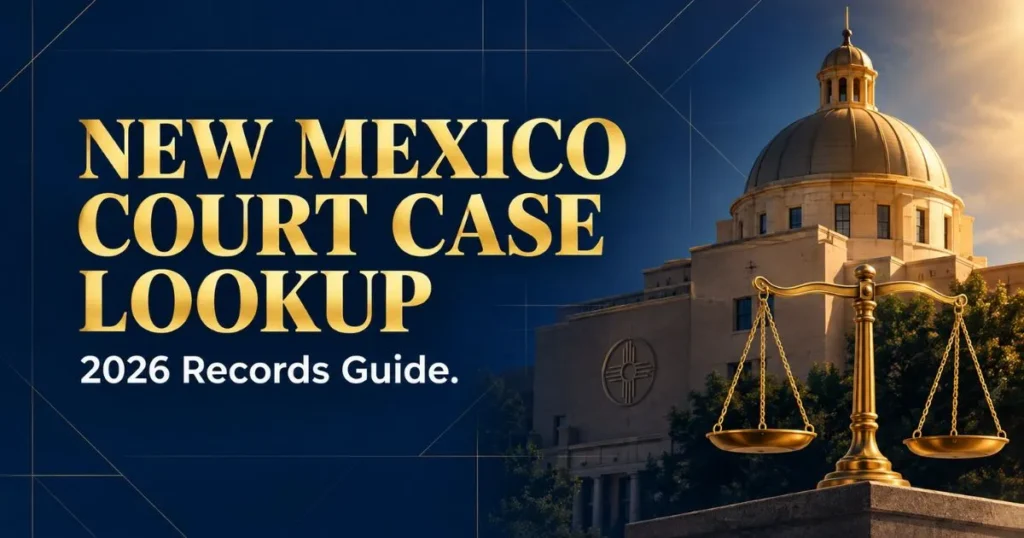 New Mexico court case lookup 2026 hero banner with courthouse silhouette and scales of justice in navy and gold.