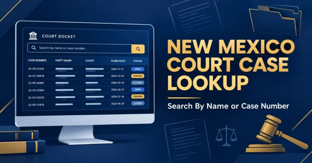 New Mexico court case lookup search screen graphic showing docket table and case number search in navy and gold.