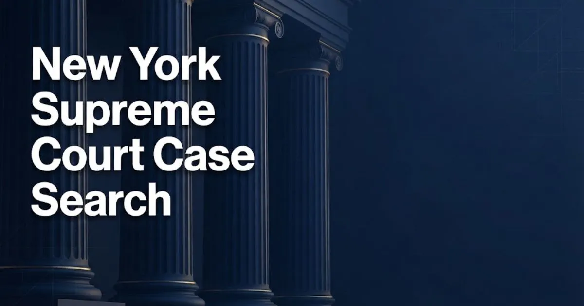 New York Supreme Court Case Search hero banner with courthouse columns and digital grid overlay in navy and gold