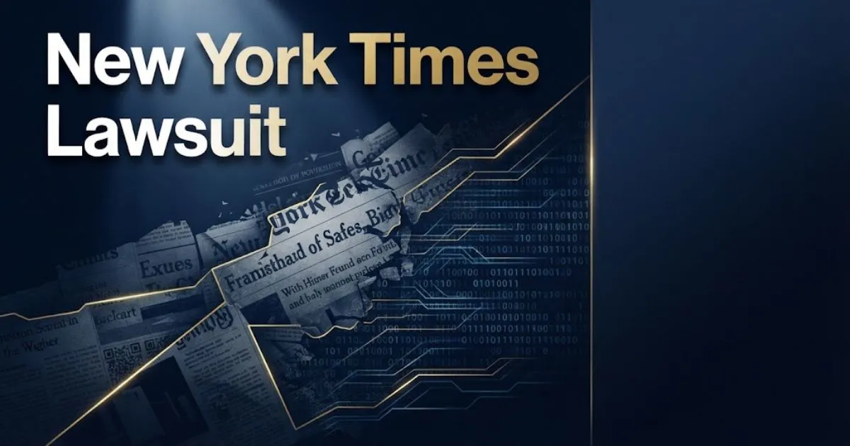 New York Times Lawsuit hero banner showing newspaper text dissolving into digital AI code in navy and gold