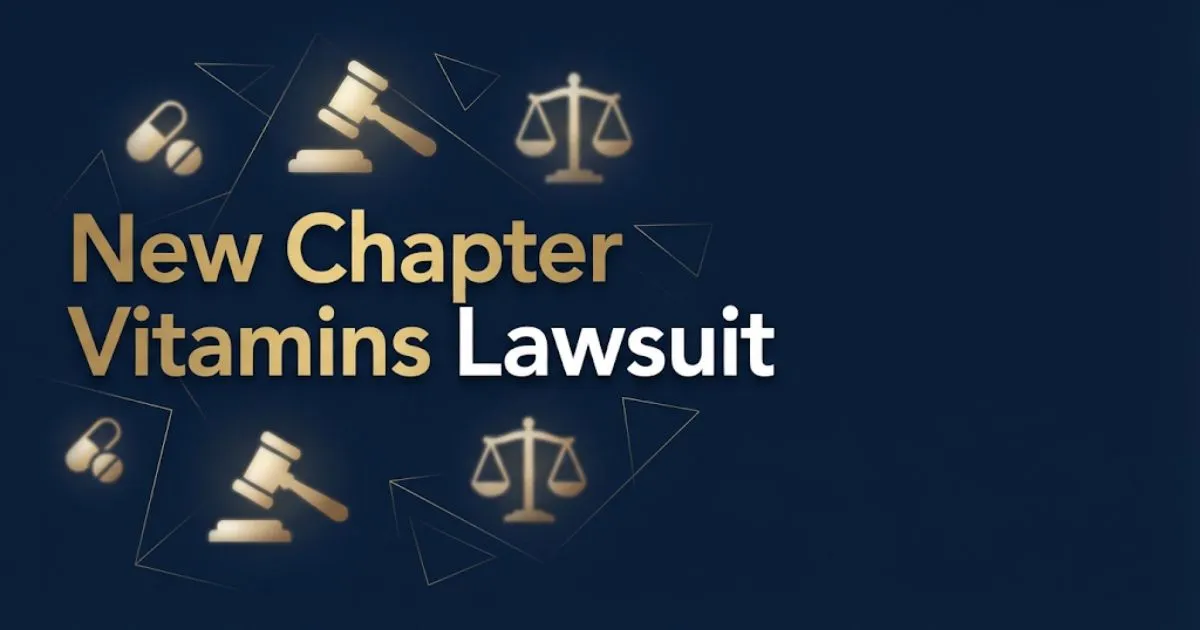 New chapter vitamins lawsuit hero banner with legal symbols and supplement icons on navy background (2)