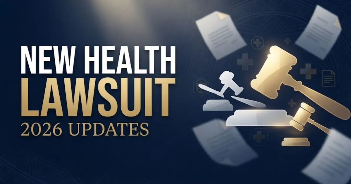 New health lawsuit banner with gavel and medical icons on navy background for 2026 legal updates